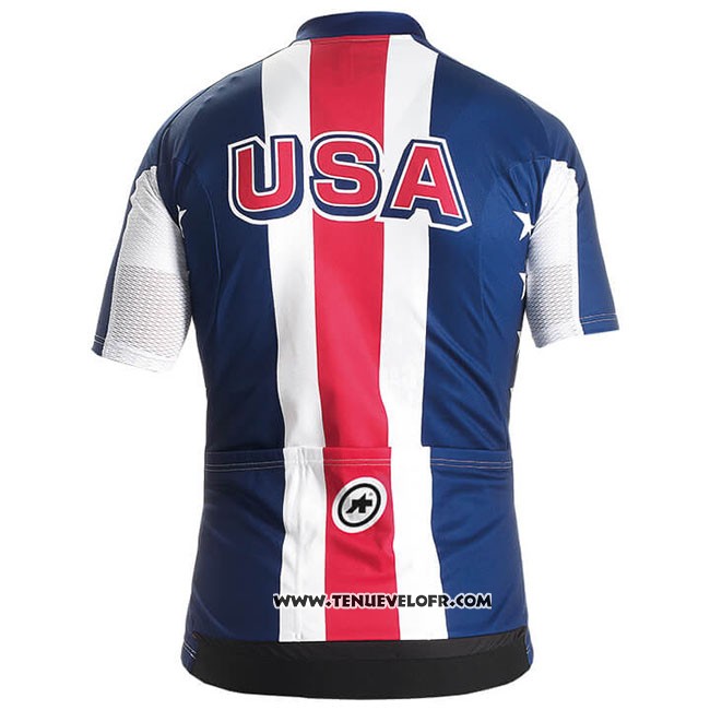 2018 Maillot Ciclismo USA Bleu Rouge Blanc Manches Courtes et Cuissard